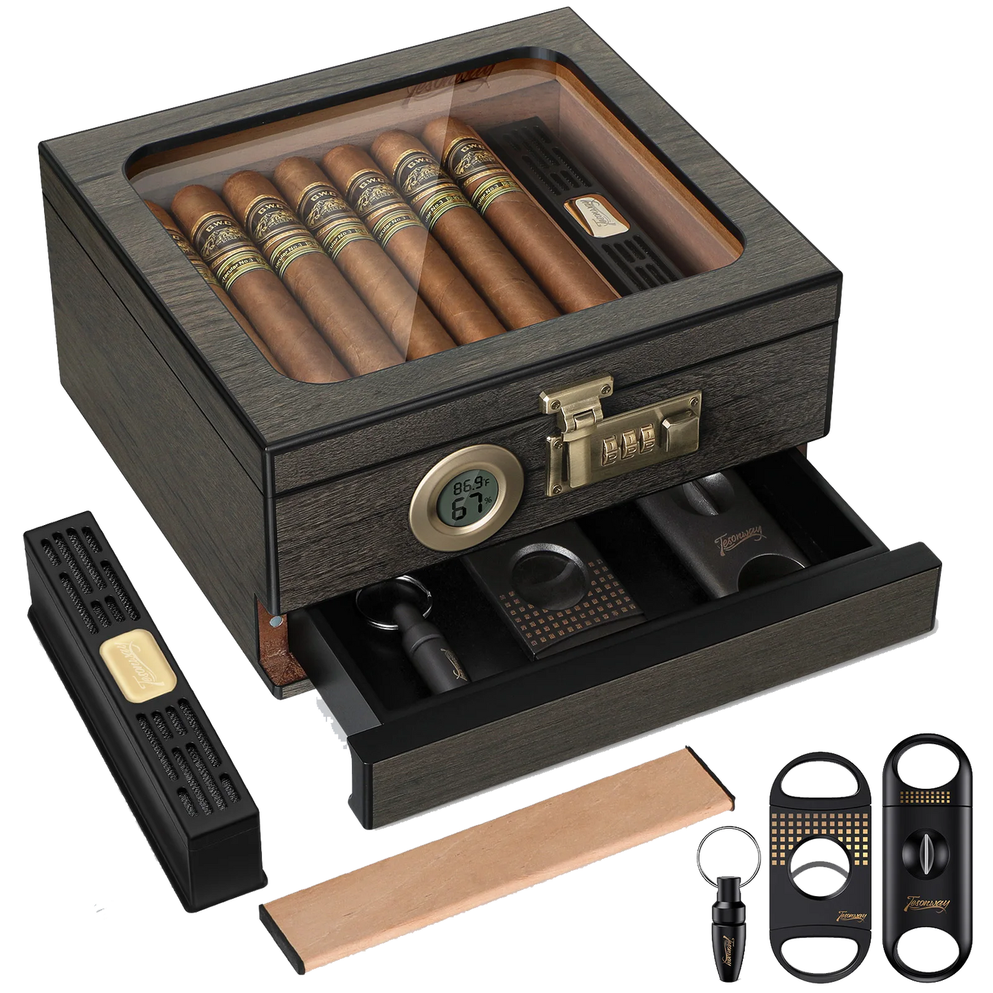 Glass Top Cigar Humidor with Digital Hygrometer & Lock