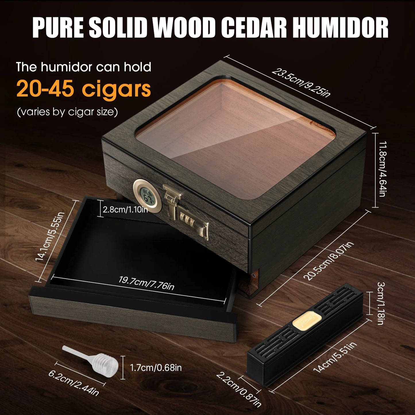Glass Top Cigar Humidor with Digital Hygrometer & Lock