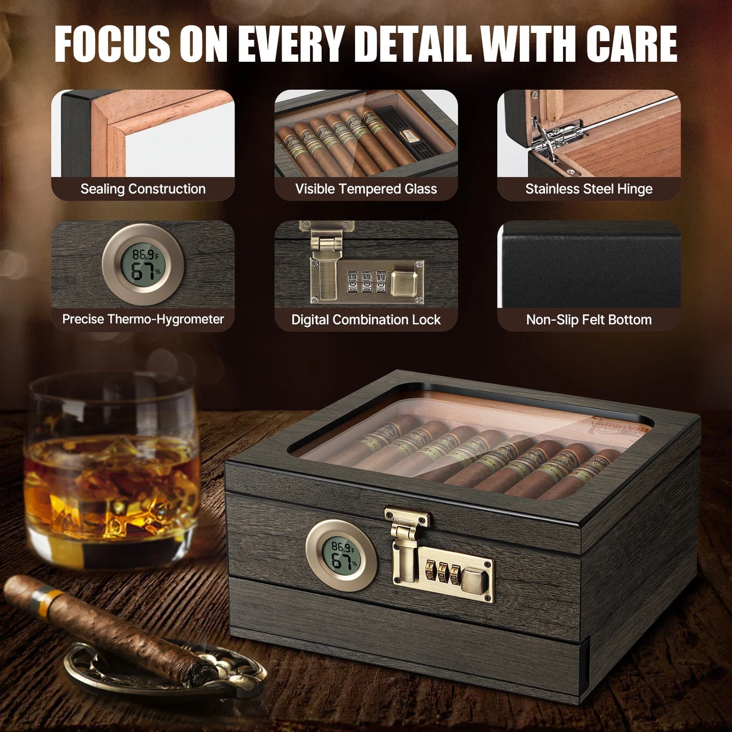 Glass Top Cigar Humidor with Digital Hygrometer & Lock