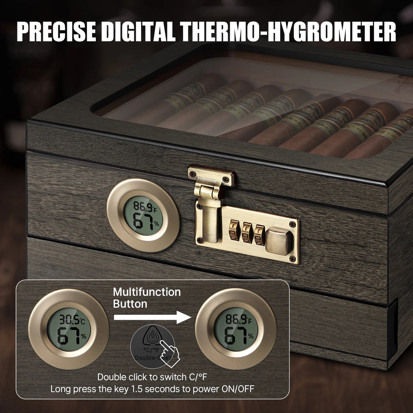 Glass Top Cigar Humidor with Digital Hygrometer & Lock