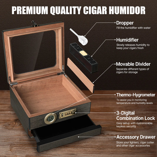 Glass Top Cigar Humidor with Digital Hygrometer & Lock